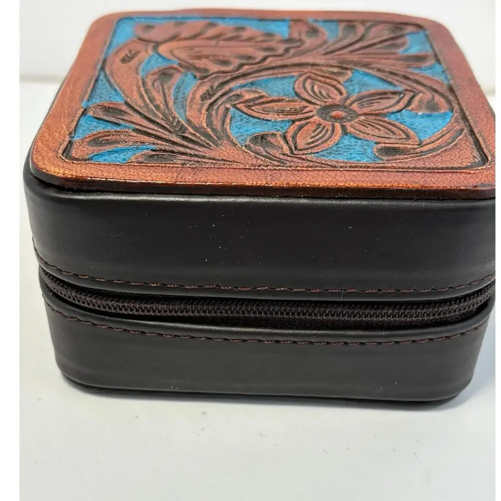 Mini travel jewelry box hand cut tooled leather Buffalo nickel brown blue